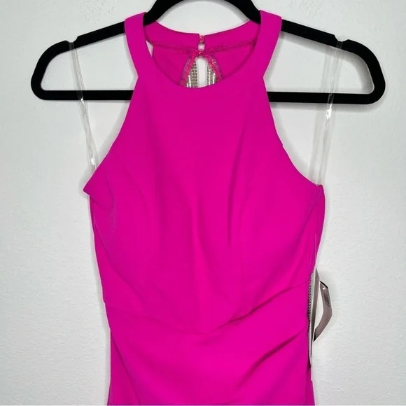 Emerald Sundae Sleeveless HighNeck Rhinestone Fringe Back Dress Neon Pink XS NWT - Picture 11 of 15